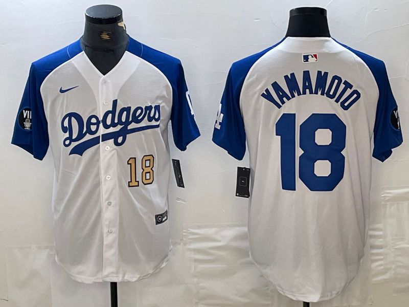 Men Los Angeles Dodgers 18 Yamamoto White blue Fashion Nike Game MLB Jersey style 9
